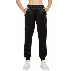 Women's High-Waist Joggers with Side Split - Casual Color Block, Buttoned Detail, Polyester, All-Season Fitness Pants