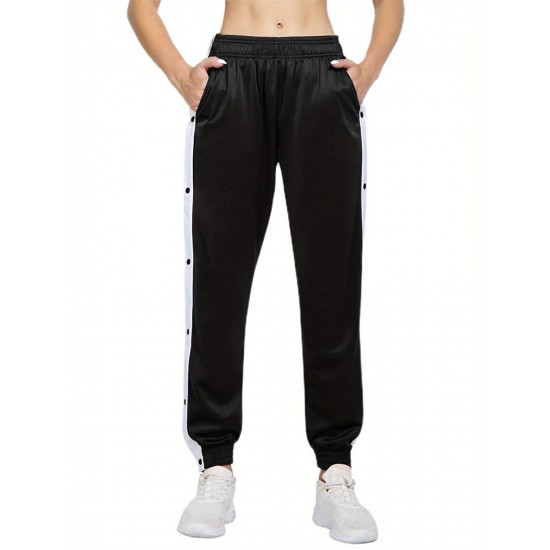 Women's High-Waist Joggers with Side Split - Casual Color Block, Buttoned Detail, Polyester, All-Season Fitness Pants