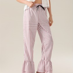 1pc Women'S Tartan Flared Pants - Casual Polyester Wide Leg with Tiered Ruffle, Lace-Up Bow Elastic Waistband, Full-Length Pull-On Trousers for All Seasons