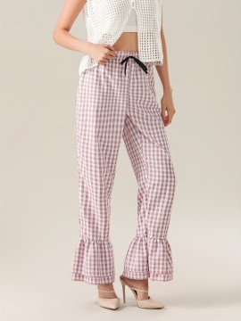 1pc Women'S Tartan Flared Pants - Casual Polyester Wide Leg with Tiered Ruffle, Lace-Up Bow Elastic Waistband, Full-Length Pull-On Trousers for All Seasons