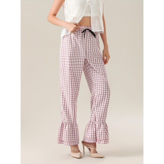 1pc Women'S Tartan Flared Pants - Casual Polyester Wide Leg with Tiered Ruffle, Lace-Up Bow Elastic Waistband, Full-Length Pull-On Trousers for All Seasons