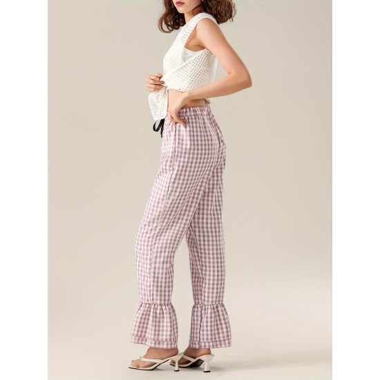 1pc Women'S Tartan Flared Pants - Casual Polyester Wide Leg with Tiered Ruffle, Lace-Up Bow Elastic Waistband, Full-Length Pull-On Trousers for All Seasons