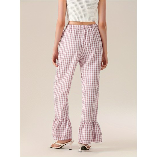 1pc Women'S Tartan Flared Pants - Casual Polyester Wide Leg with Tiered Ruffle, Lace-Up Bow Elastic Waistband, Full-Length Pull-On Trousers for All Seasons