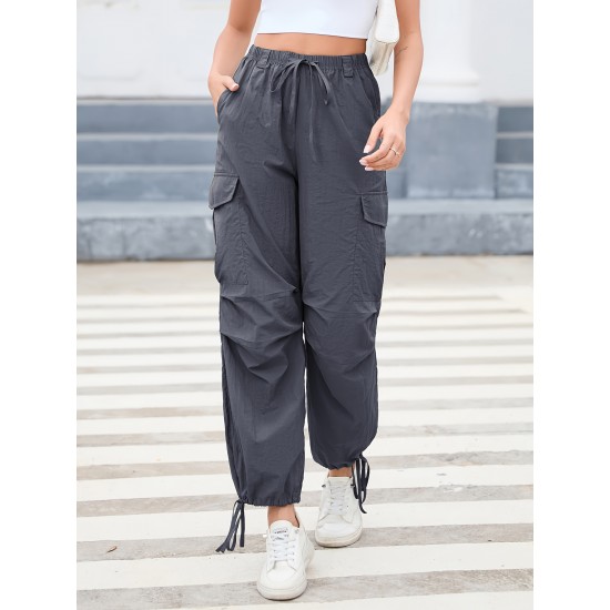 1pc GoyRrbay Women'S Casual Nylon Cargo Jogger Pants - Solid Color Drawstring Low Waist Baggy Trousers, All-Season Loose Fit Long Pants for Going Out, Woven Sports Pants for Adults