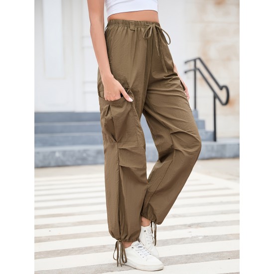 1pc GoyRrbay Women'S Casual Nylon Cargo Jogger Pants - Solid Color Drawstring Low Waist Baggy Trousers, All-Season Loose Fit Long Pants for Going Out, Woven Sports Pants for Adults