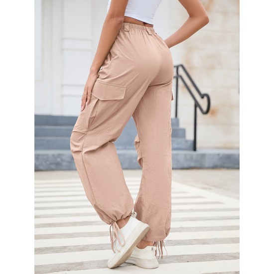 1pc GoyRrbay Women'S Casual Nylon Cargo Jogger Pants - Solid Color Drawstring Low Waist Baggy Trousers, All-Season Loose Fit Long Pants for Going Out, Woven Sports Pants for Adults