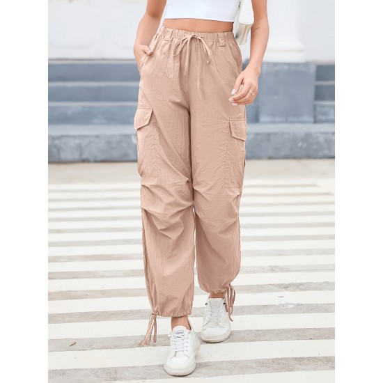 1pc GoyRrbay Women'S Casual Nylon Cargo Jogger Pants - Solid Color Drawstring Low Waist Baggy Trousers, All-Season Loose Fit Long Pants for Going Out, Woven Sports Pants for Adults