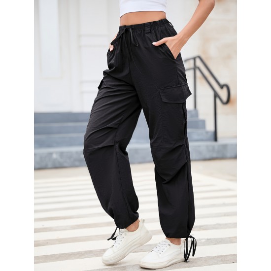 1pc GoyRrbay Women'S Casual Nylon Cargo Jogger Pants - Solid Color Drawstring Low Waist Baggy Trousers, All-Season Loose Fit Long Pants for Going Out, Woven Sports Pants for Adults