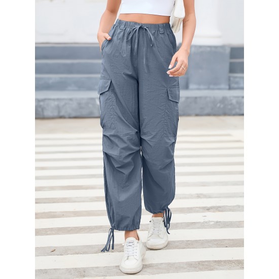 1pc GoyRrbay Women'S Casual Nylon Cargo Jogger Pants - Solid Color Drawstring Low Waist Baggy Trousers, All-Season Loose Fit Long Pants for Going Out, Woven Sports Pants for Adults