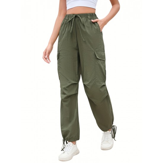 1pc GoyRrbay Women'S Casual Nylon Cargo Jogger Pants - Solid Color Drawstring Low Waist Baggy Trousers, All-Season Loose Fit Long Pants for Going Out, Woven Sports Pants for Adults