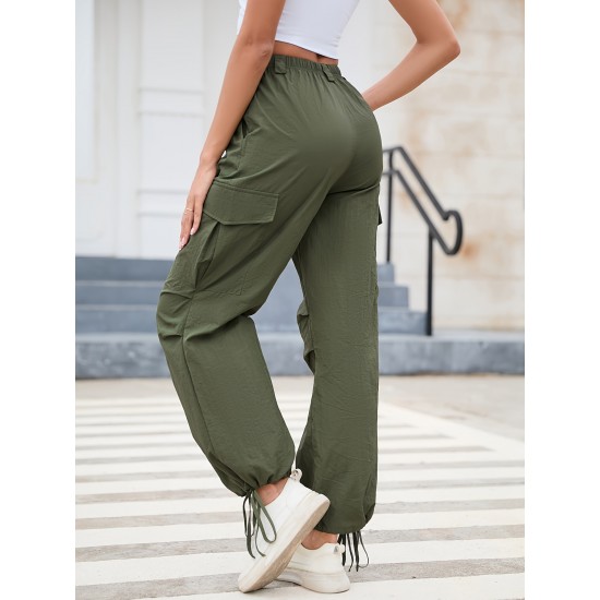 1pc GoyRrbay Women'S Casual Nylon Cargo Jogger Pants - Solid Color Drawstring Low Waist Baggy Trousers, All-Season Loose Fit Long Pants for Going Out, Woven Sports Pants for Adults