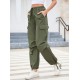 1pc GoyRrbay Women'S Casual Nylon Cargo Jogger Pants - Solid Color Drawstring Low Waist Baggy Trousers, All-Season Loose Fit Long Pants for Going Out, Woven Sports Pants for Adults