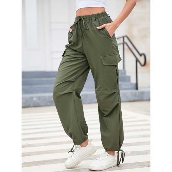 1pc GoyRrbay Women'S Casual Nylon Cargo Jogger Pants - Solid Color Drawstring Low Waist Baggy Trousers, All-Season Loose Fit Long Pants for Going Out, Woven Sports Pants for Adults