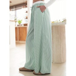 1pc Women'S Casual Polyester Wide Leg Pants, Solid Color All-Season Straight Leg Trousers with Pockets, Elastic Drawstring, Woven for Work Office Streetwear