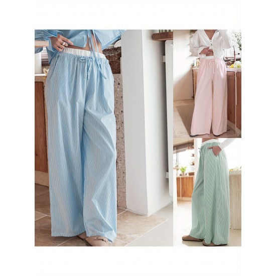 1pc Women'S Casual Polyester Wide Leg Pants, Solid Color All-Season Straight Leg Trousers with Pockets, Elastic Drawstring, Woven for Work Office Streetwear