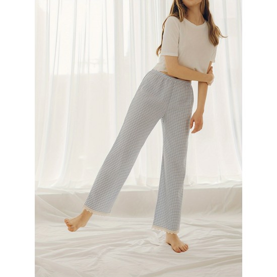 1pc Women'S All-Season Casual Polyester Lounge Pants with Lace Detail - Solid Color Woven Sports Pants for Home Comfort