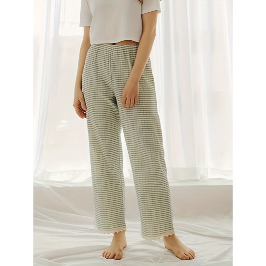 1pc Women'S All-Season Casual Polyester Lounge Pants with Lace Detail - Solid Color Woven Sports Pants for Home Comfort