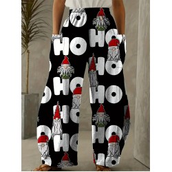 Whimsical Charm, Chic Christmas-Themed Wide-Leg Pants for Women - Cute Polyester, Machine Washable with Pockets, Perfect for Spring/Summer/Fall