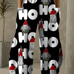 Whimsical Charm, Chic Christmas-Themed Wide-Leg Pants for Women - Cute Polyester, Machine Washable with Pockets, Perfect for Spring/Summer/Fall