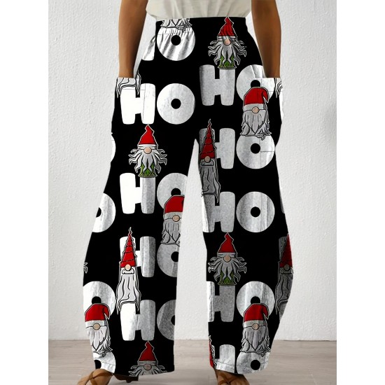 Whimsical Charm, Chic Christmas-Themed Wide-Leg Pants for Women - Cute Polyester, Machine Washable with Pockets, Perfect for Spring/Summer/Fall