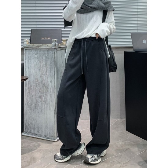 Women'S Casual Polyester Wide Leg Joggers, Loose Fit Knit Fabric Sweatpants, Solid Color, Long Length, with Shearling Lining, Elastic Waist with Drawstring, for Fall/Winter - Weekend Casual Style