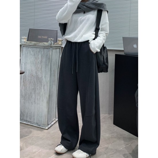 Women'S Casual Polyester Wide Leg Joggers, Loose Fit Knit Fabric Sweatpants, Solid Color, Long Length, with Shearling Lining, Elastic Waist with Drawstring, for Fall/Winter - Weekend Casual Style