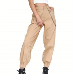 1pc Women'S High Waist Cargo Pants, Solid Color Casual Trousers with Chain Side Pockets, Elastic Ankle Joggers