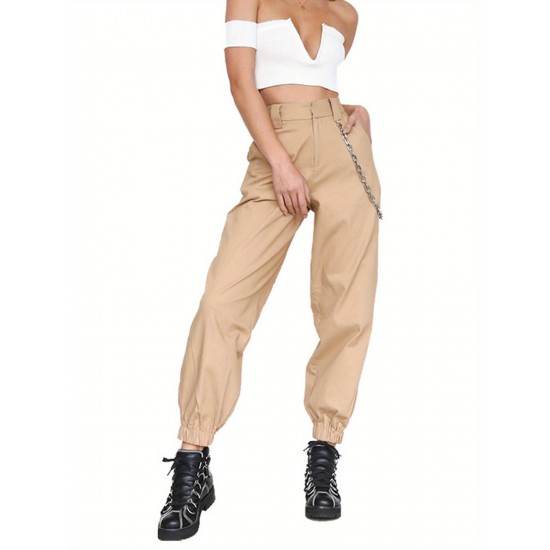 1pc Women'S High Waist Cargo Pants, Solid Color Casual Trousers with Chain Side Pockets, Elastic Ankle Joggers