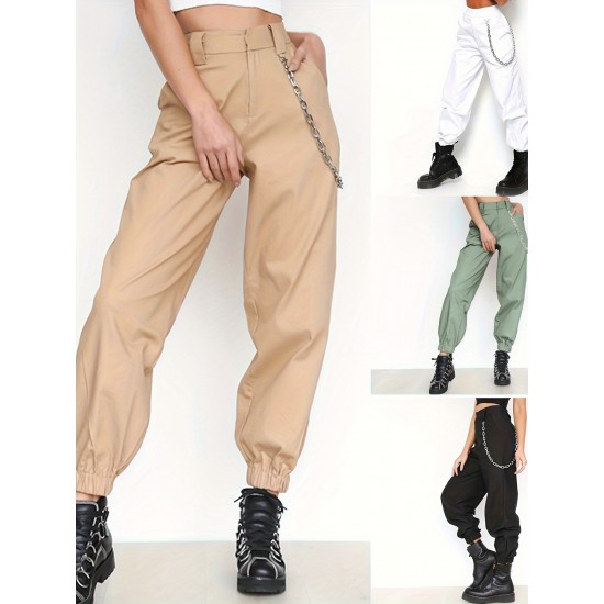 1pc Women'S High Waist Cargo Pants, Solid Color Casual Trousers with Chain Side Pockets, Elastic Ankle Joggers