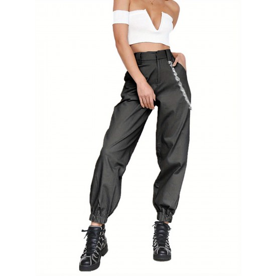 1pc Women'S High Waist Cargo Pants, Solid Color Casual Trousers with Chain Side Pockets, Elastic Ankle Joggers