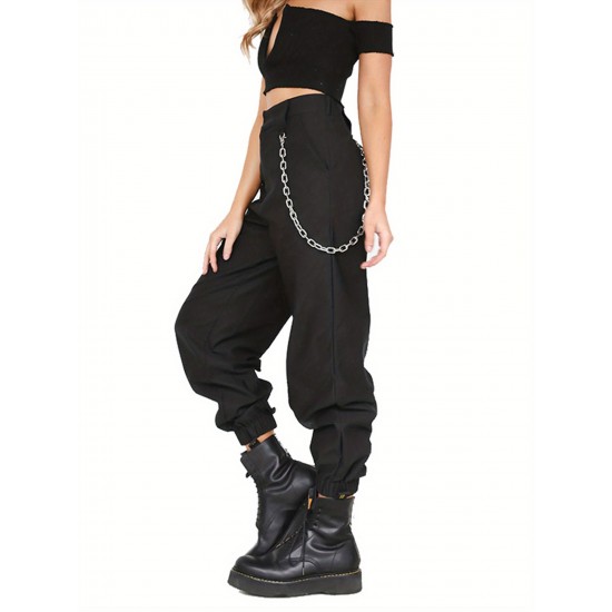 1pc Women'S High Waist Cargo Pants, Solid Color Casual Trousers with Chain Side Pockets, Elastic Ankle Joggers