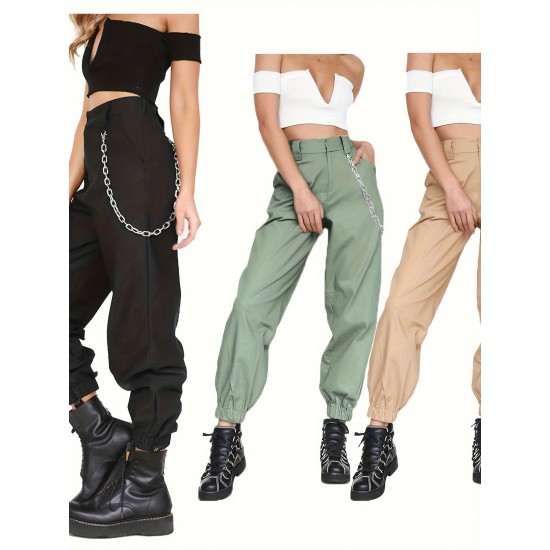 1pc Women'S High Waist Cargo Pants, Solid Color Casual Trousers with Chain Side Pockets, Elastic Ankle Joggers