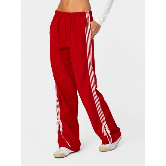 Women's Vintage-Inspired Side Striped Bow Joggers - Comfortable, Elastic Waist with Pockets for Spring & Fall