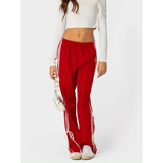 Women's Vintage-Inspired Side Striped Bow Joggers - Comfortable, Elastic Waist with Pockets for Spring & Fall