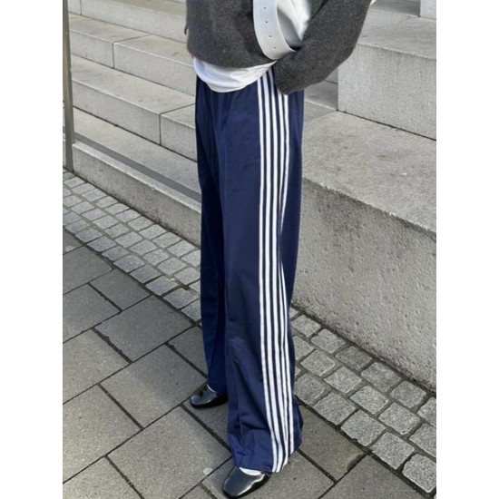 Women's Striped Drawstring Sweatpants - Casual Elastic Waist, Straight Leg with Pockets, Machine Washable