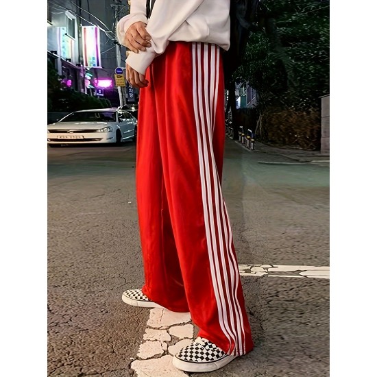 Women's Striped Drawstring Sweatpants - Casual Elastic Waist, Straight Leg with Pockets, Machine Washable