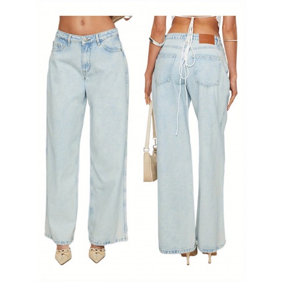 1pc Women'S Casual Cotton Wide Leg Jeans - Solid Color Low Waist Loose Fit with Pockets for Spring/Fall Season