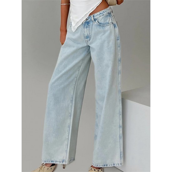 1pc Women'S Casual Cotton Wide Leg Jeans - Solid Color Low Waist Loose Fit with Pockets for Spring/Fall Season