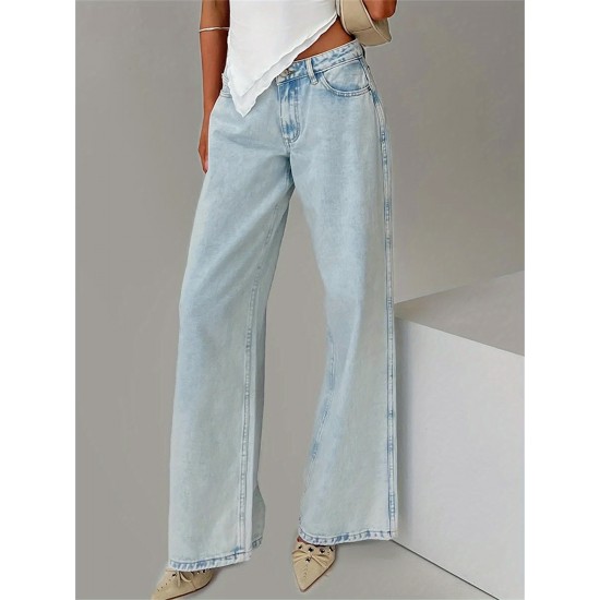 1pc Women'S Casual Cotton Wide Leg Jeans - Solid Color Low Waist Loose Fit with Pockets for Spring/Fall Season