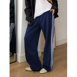 Women's Casual Striped Sweatpants with Drawstring Waist and Pockets - Comfy Straight Leg Streetwear, Non-Stretch Polyester