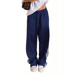 Women's Casual Striped Sweatpants with Drawstring Waist and Pockets - Comfy Straight Leg Streetwear, Non-Stretch Polyester