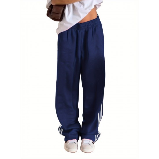 Women's Casual Striped Sweatpants with Drawstring Waist and Pockets - Comfy Straight Leg Streetwear, Non-Stretch Polyester