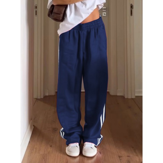 Women's Casual Striped Sweatpants with Drawstring Waist and Pockets - Comfy Straight Leg Streetwear, Non-Stretch Polyester