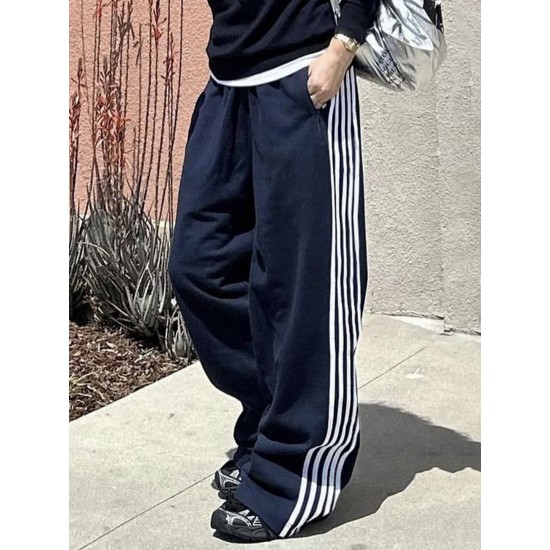 Women's Casual Striped Sweatpants with Drawstring Waist and Pockets - Comfy Straight Leg Streetwear, Non-Stretch Polyester