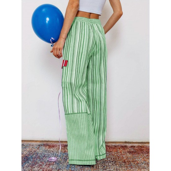 1pc Women'S Casual Striped Wide Leg Pants, Elastic Waist Loose Trousers with Pockets, Spring/Autumn Streetwear for Adults