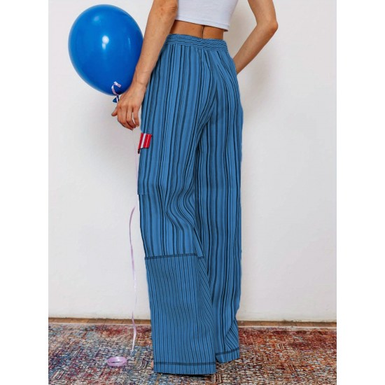 1pc Women'S Casual Striped Wide Leg Pants, Elastic Waist Loose Trousers with Pockets, Spring/Autumn Streetwear for Adults