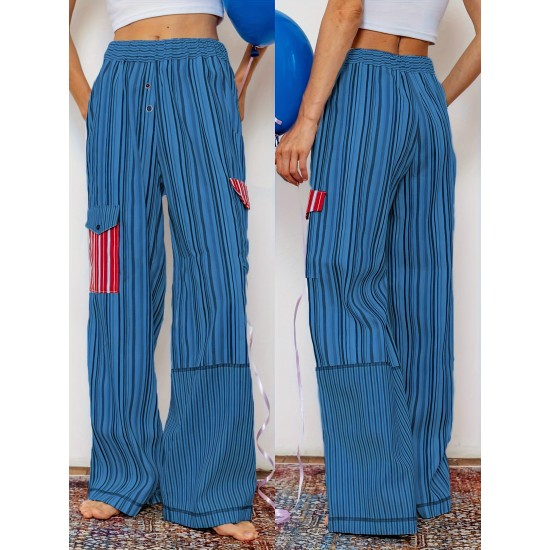 1pc Women'S Casual Striped Wide Leg Pants, Elastic Waist Loose Trousers with Pockets, Spring/Autumn Streetwear for Adults