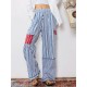 1pc Women'S Casual Striped Wide Leg Pants, Elastic Waist Loose Trousers with Pockets, Spring/Autumn Streetwear for Adults