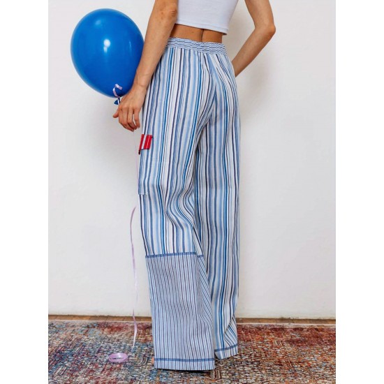 1pc Women'S Casual Striped Wide Leg Pants, Elastic Waist Loose Trousers with Pockets, Spring/Autumn Streetwear for Adults