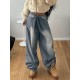 1pc Women'S High Waist Wide-Leg Faux Denim, Casual Style Solid Color Long Pants, Polyester Knit Fabric with Button Detail, All-Season Loose Fit Faux Denim Trousers